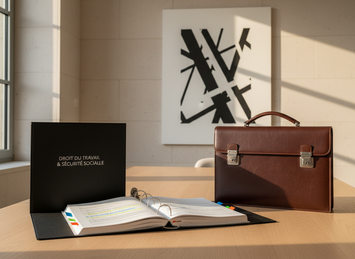 A pristine, matte black binder embossed with subtle silver lettering reading “Droit du travail & Sécurité sociale” lies open on a smooth, light oak table. Inside, high-quality pages display neatly highlighted French legal provisions, with color-coded sticky flags marking key articles. Next to the binder sits a structured leather briefcase in deep espresso brown, its metal clasps gleaming softly. The setting is a minimalist, high-end office with pale stone walls and a single abstract monochrome artwork in the background. Late-afternoon natural light from a side window casts elongated, elegant shadows and a warm, dignified glow. Captured from a slightly elevated angle in photographic realism, with balanced sharpness, the composition exudes methodical preparation, discretion, and refined professionalism.