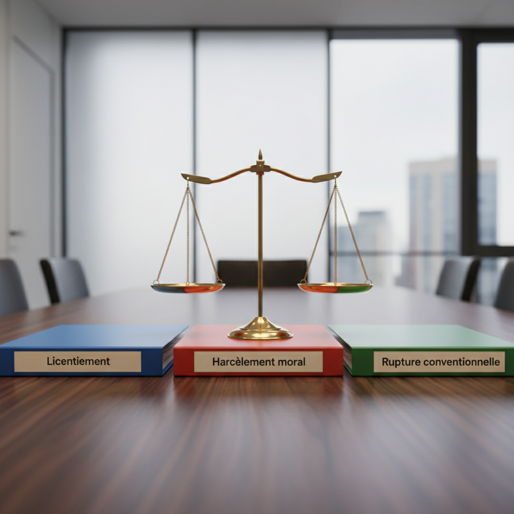 A close-up, photographic image of a balanced brass scale of justice standing on a dark walnut conference table, its polished surfaces catching subtle highlights. Around the scale lie carefully arranged folders labeled in French: “Licenciement,” “Harcèlement moral,” and “Rupture conventionnelle,” each with colored tab markers peeking out. The scene is set in a refined, minimalist meeting room with frosted glass walls and a distant view of a modern cityscape through a large window. Soft overcast daylight creates gentle reflections on the brass and smooth table surface, while the background is tastefully blurred. Shot at a slightly low angle to emphasize the scale, the mood is calm, precise, and sophisticated, evoking balanced, expert advice in labor law.