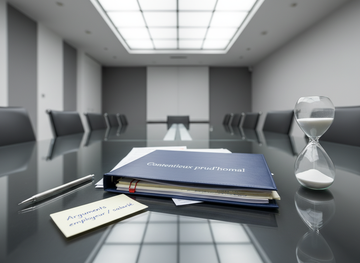 A detailed, photographic close-up of a polished dark blue dossier labeled “Contentieux prud’homal” in refined silver script, resting on a glass meeting table. The dossier is partially open, revealing meticulously ordered notes and a clipped summary of a workplace dispute. Around it, discrete objects hint at strategy: a slim silver mechanical pencil, a neatly folded note card titled “Arguments employeur / salarié,” and an elegant sand timer with fine white sand partly run. The room beyond is intentionally blurred, suggesting a modern hearing preparation space with neutral tones and clean lines. Cool, diffused artificial lighting from a ceiling panel creates a focused, calm atmosphere, while reflections in the glass table add depth. Composed using the rule of thirds, the image conveys precision, anticipation, and composed determination in French labor litigation.