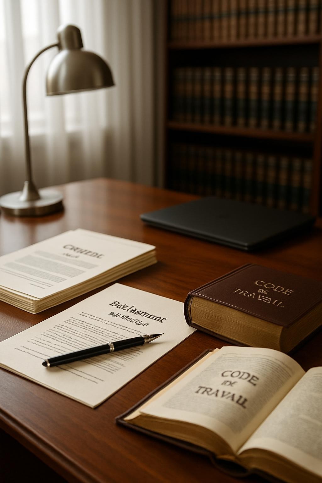 A meticulously organized mahogany desk in a contemporary law office, covered with neatly stacked cream-colored legal documents stamped “Contrat de travail” and “Règlement intérieur.” A sleek black fountain pen rests across a marked clause, beside an open leather-bound code du travail with delicate gilded page edges. Soft daylight filters through tall sheer curtains, reflecting subtly on a brushed steel desk lamp and matte black laptop closed to the side. Photographic realism at eye level with a shallow depth of field keeps the central documents razor sharp while the background shelves of uniformly bound law books blur gently, creating a serene, sophisticated atmosphere that conveys rigor, clarity, and quiet authority in French employment law.